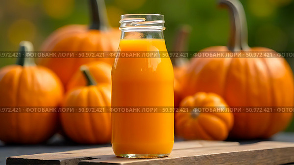 Glass bottle filled with fresh pumpkin juice on a wooden table surrounded by ripe pumpkins. Ideal organic beverage concept for autumn and healthy living enthusiasts. Стоковое AI-изображение, AI-художник lyudmila Soloveva / Фотобанк Лори