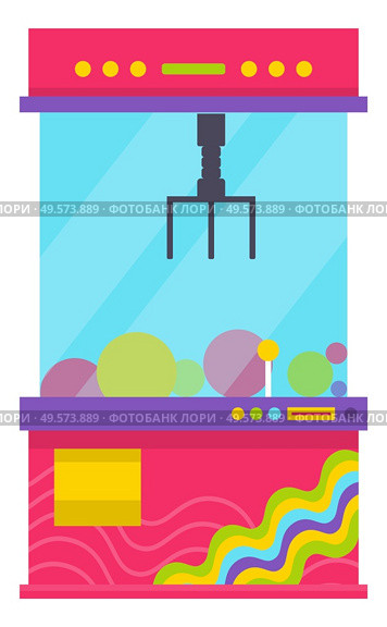 Glass box with claw to get toys from inside vector, isolated game machine flat style. Robotic hand tool, controller for grasping objects in container. Claw Machine in Glass Box, Toys Prize in Container. Стоковая иллюстрация, агентство Ingram Publishing / Фотобанк Лори
