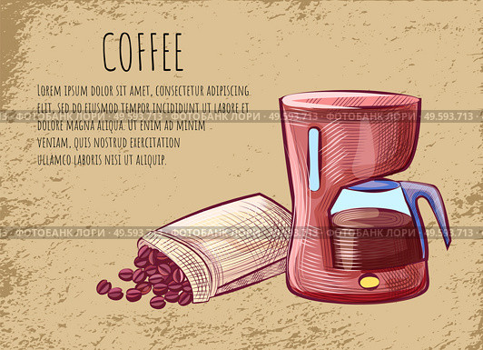 Glass electric teapot with coffee beverage, java beans in sack. Postcard card decorated by drawing kettle and grains in bag, mocha card, caffeine vector. Coffee Postcard, Kettle and Beans, Java Vector. Стоковая иллюстрация, агентство Ingram Publishing / Фотобанк Лори