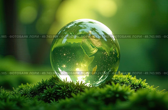 Glass glowing sphere of planet Earth in forest is a ball with an internal microclimate, a clean environment, protecting the ecology of the planet. AI generated. Стоковое AI-изображение, AI-художник Ольга Симонова / Фотобанк Лори