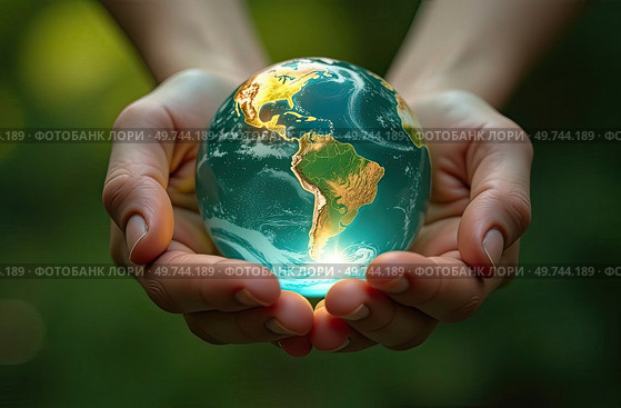 Glass glowing sphere of planet Earth In palms of hands is a ball with internal microclimate, caring for planet, clean environment, protecting ecology, geography, continents, travel. AI generated. Стоковое AI-изображение, AI-художник Ольга Симонова / Фотобанк Лори