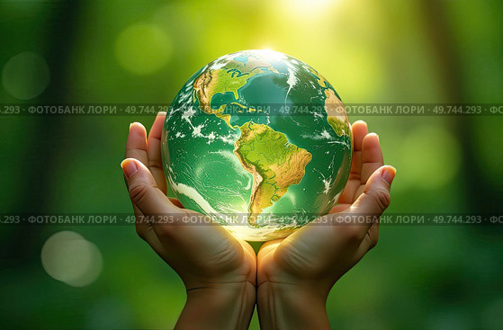 Glass glowing sphere of planet Earth In palms of hands is a ball with internal microclimate, caring for planet, clean environment, protecting ecology, geography, continents, travel. AI generated. Стоковое AI-изображение, AI-художник Ольга Симонова / Фотобанк Лори