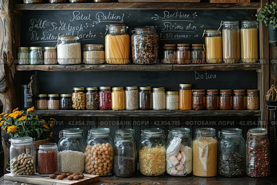 Glass jars with various cereals, pasta and spices, organized on shelves for food storage. You can see products such as rice, buckwheat, lentils, pasta of various shapes, as well as cereals and seeds, such as quinoa or black sesame. This is a typical example of organized food storage, perhaps as part of a healthy eating or zero waste concept. Jars with lids prevent food spoilage and help maintain freshness. Стоковое AI-изображение, AI-художник Анна Кривицкая / Фотобанк Лори