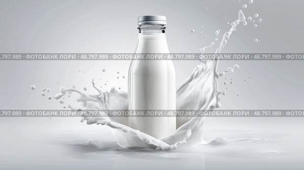 Glass Milk Bottle with Splashing Fresh Cows Milk, Dynamic Dairy Shot. Стеклянная бутылка молока с брызгами свежего коровьего молока, динамичный снимок молочной продукции. Стоковое AI-изображение, AI-художник Katsiaryna Repich / Фотобанк Лори