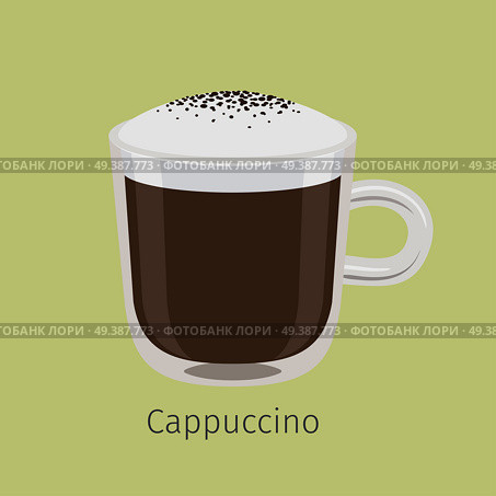 Glass mug of aromatic cappuccino flat vector. Hot invigorating drink with caffeine. Coffee with frothing milk and chocolate sprinkle on creamy foam illustration for coffee house or cafe menus design. Glass Mug of Cappuccino with Creamy Foam Vector. Стоковая иллюстрация, агентство Ingram Publishing / Фотобанк Лори