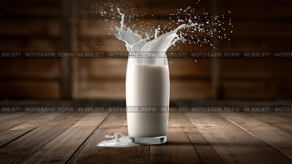 Glass of Fresh Cow's Milk with Splashes, Dynamic Dairy Promotion Shot on Rustic Wooden Background. Стакан свежего коровьего молока с брызгами, динамический молочный рекламный снимок на деревенском деревянном фоне. Стоковое AI-изображение, AI-художник Katsiaryna Repich / Фотобанк Лори