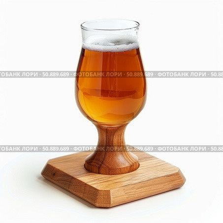 Glass of light beer standing on wooden coaster. Стоковое AI-изображение, AI-художник Иван Рябоконь / Фотобанк Лори