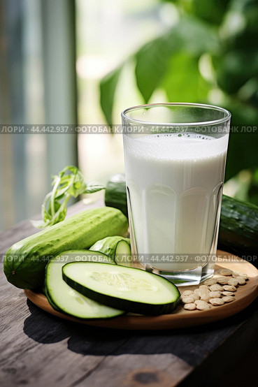 Glass of milk with fresh cucumber. Стоковое AI-изображение, AI-художник Veniamin Kraskov / Фотобанк Лори