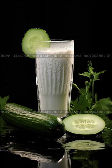 Glass of milk with fresh cucumber. Стоковое AI-изображение, AI-художник Veniamin Kraskov / Фотобанк Лори