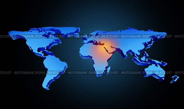 Global earth middle east crisis with a conflict zone of the persian gulf and crude oil symbol with countries as Iran Israel Egypt Libya Kuwait Syria Saudi Arabia focused with a blue map and red highlight. Стоковое фото, агентство Ingram Publishing / Фотобанк Лори