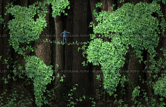 Global growth risk business concept as a businessman walking on a tightrope made from plant vines in a background of forest tree leaf vine shaped as a world map as a metaphor for international trade and investing uncertainty or environment conservation issues. Стоковое фото, агентство Ingram Publishing / Фотобанк Лори