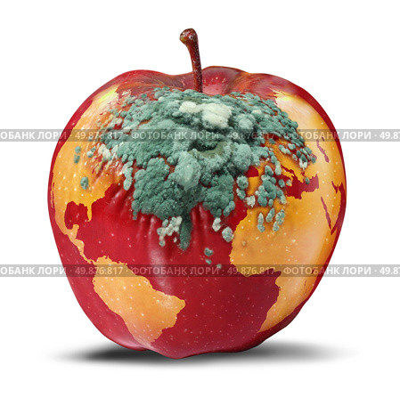 Global problems and environmental Issues concerning the health of the planet earth as a decaying red apple with a map of the world rotting with growing green fungus as a concept of political and conservation crisis on white. Стоковое фото, агентство Ingram Publishing / Фотобанк Лори
