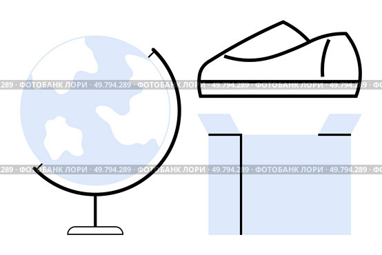 Globe and shoe on an open box representing international trade and global distribution. Ideal for e-commerce, shipping logistics, global business expansion, product supply chain, online marketing. Global Trade Concept Shoe on Box Next to Globe Highlighting Worldwide Commerce and Distribution. Стоковая иллюстрация, агентство Ingram Publishing / Фотобанк Лори