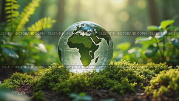 Globe is sitting on a patch of moss in a forest. Стоковое AI-видео, аниматор Sergey Grishin / Фотобанк Лори