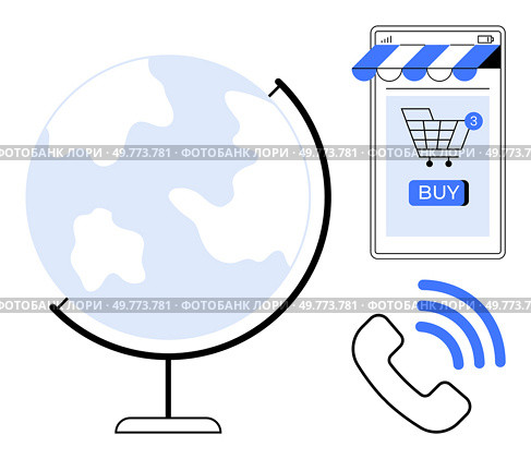 Globe representing global reach, smartphone with online shopping cart showcasing digital commerce, and phone with signal waves indicating communication. Ideal for e-commerce, globalization, mobile. Global Online Shopping with Mobile Devices and Communication Technology. Стоковая иллюстрация, агентство Ingram Publishing / Фотобанк Лори