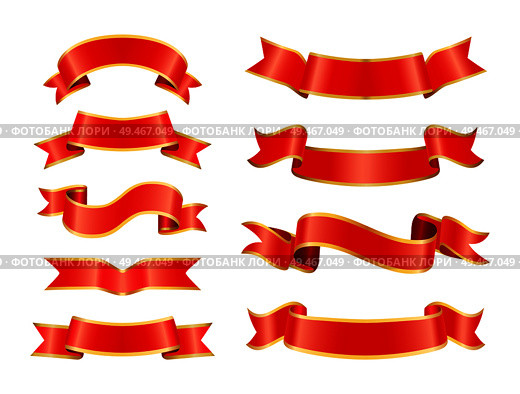 Glossy silk or satin decorative waviness ribbon types isolated. Old heraldic vector curled tapes and fluttering stripes for modern ornamentation.. Silk or Satin Ribbons for Vintage Ornamentation. Стоковая иллюстрация, агентство Ingram Publishing / Фотобанк Лори