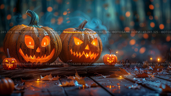 Glowing Jack-O-Lanterns in a Spooky Forest Setting at Night. Стоковое AI-изображение, AI-художник Сергей Толмачёв / Фотобанк Лори