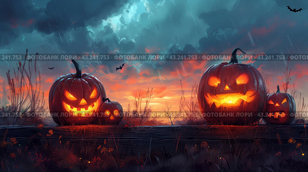 Glowing Jack-O-Lanterns in a Spooky Forest Setting at Night. Стоковое AI-изображение, AI-художник Сергей Толмачёв / Фотобанк Лори