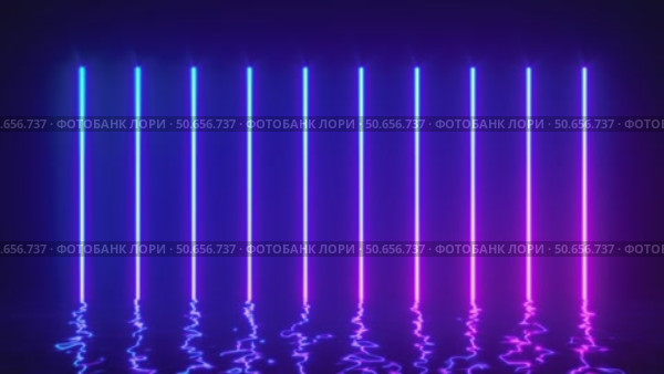 Glowing neon lines with reflections in water surface. Abstract background, waves, ultraviolet, spectrum vibrant colors, laser show. 3d render illustration. 4K video. Стоковая анимация, аниматор Николай Евсюков / Фотобанк Лори
