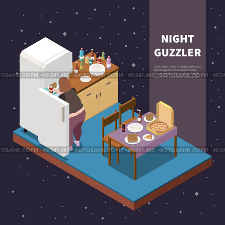 Gluttony isometric concept with night guzzler taking food out of fridge 3d vector illustration. Стоковая иллюстрация, агентство Ingram Publishing / Фотобанк Лори