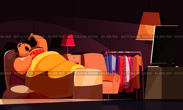 Gluttony night background with eating in bed symbols flat vector illustration. Стоковая иллюстрация, агентство Ingram Publishing / Фотобанк Лори