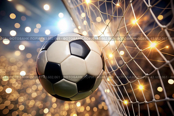 Goal. A soccer ball in the goal net, against a background of sparkling lights and a blurred background. Стоковое AI-изображение, AI-художник Photojuli / Фотобанк Лори
