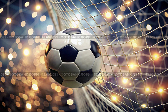 Goal. A soccer ball in the goal net, against a background of sparkling lights and a blurred background. Стоковое AI-изображение, AI-художник Photojuli / Фотобанк Лори