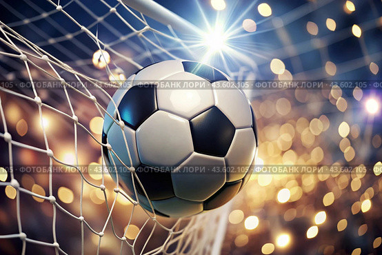 Goal. A soccer ball in the goal net, against a background of sparkling lights and a blurred background. Стоковое AI-изображение, AI-художник Photojuli / Фотобанк Лори