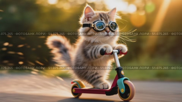 Goggle-Wearing Kitten Riding a Scooter at Sunset. Стоковое AI-видео, аниматор Виктория Кольцова / Фотобанк Лори