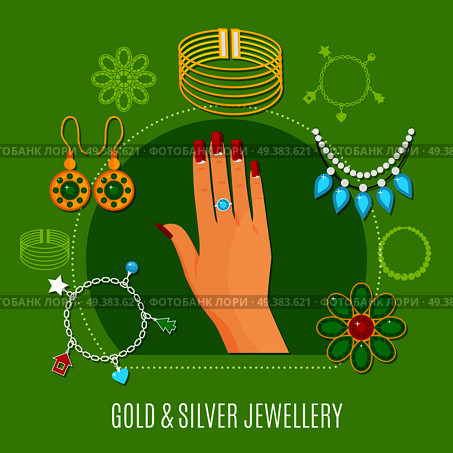 Gold and silver jewelry composition including female hand with ring, bangles, brooches on green background vector illustration. Gold And Silver Jewelry Composition. Стоковая иллюстрация, агентство Ingram Publishing / Фотобанк Лори