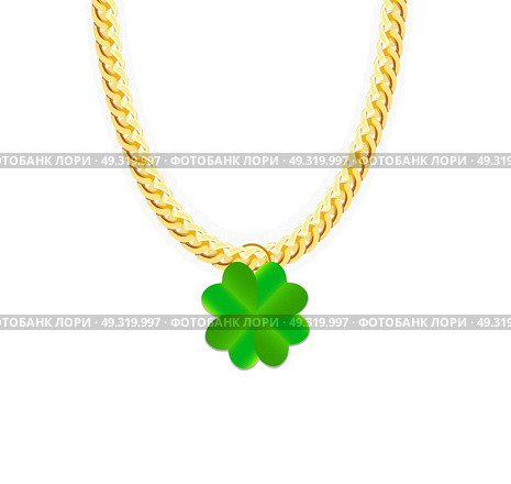 Gold Chain Jewelry whith Green Four-leaf Clover. Vector Illustration. EPS10. Gold Chain Jewelry whith Green Four-leaf Clover. Vector Illustra. Стоковая иллюстрация, агентство Ingram Publishing / Фотобанк Лори