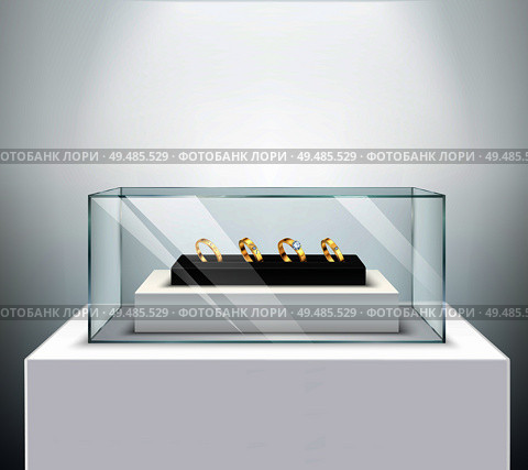 Gold exclusive diamond engagement wedding rings display in luxury jewelry shop spectaculair glass showcase realistic vector illustration. Стоковая иллюстрация, агентство Ingram Publishing / Фотобанк Лори