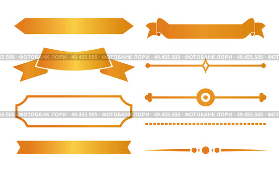 Gold ribbons with decor for special certificates set. Elegant adornment elements from documents and diplomas isolated cartoon vector illustrations.. Gold Ribbons and Decor for Special Certificates. Стоковая иллюстрация, агентство Ingram Publishing / Фотобанк Лори