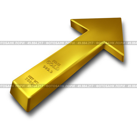 Gold rise business concept and commodities price increase symbol as a bar of yellow precious metal object shaped as an upward arrow on a white background. Стоковое фото, агентство Ingram Publishing / Фотобанк Лори
