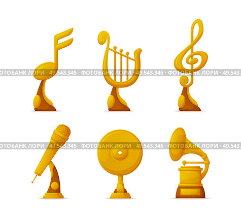 Gold trophy cups in art industry, music awards isolated vector. Notes and harp, microphone and vinyl disc, gramophone shapes, contest rewards and prizes. Music Awards or Gold Trophy Cups in Art Industry. Стоковая иллюстрация, агентство Ingram Publishing / Фотобанк Лори