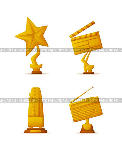Gold trophy cups or prizes, movie and music awards vector. Star and clapperboard, metronome and radio shapes isolated rewards in cinema and musical art. Movie and Music Awards, Gold Trophy Cups or Prizes. Стоковая иллюстрация, агентство Ingram Publishing / Фотобанк Лори