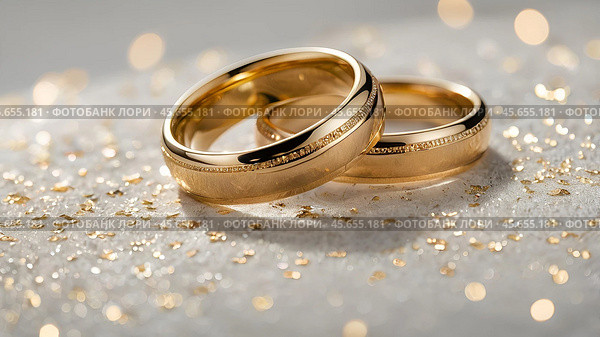 Gold wedding rings on a white background with a side. Wedding rings. The wedding day. The newlyweds. Стоковое AI-изображение, AI-художник Photojuli / Фотобанк Лори