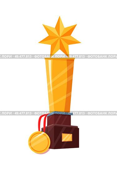 Gold winner statuette and medal with ribbon prize on wooden holder vector illustration isolated. Champ figurine with five-pointed star on top poster.. Winner Prize Figurine with Star and Medal Isolated. Стоковая иллюстрация, агентство Ingram Publishing / Фотобанк Лори