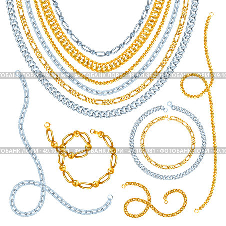 Golden And Silver Chains Set. Golden and silver chains necklaces and bracelets with clasps realistic isolated vector illustration . Стоковая иллюстрация, агентство Ingram Publishing / Фотобанк Лори