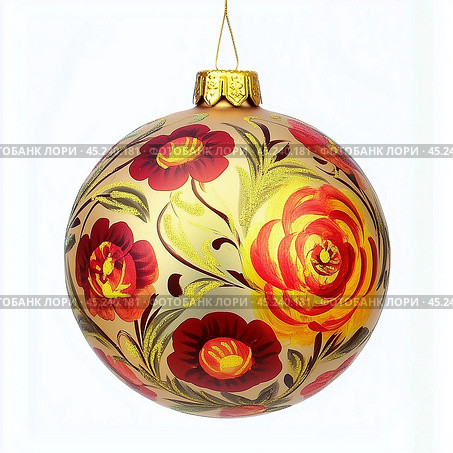 Golden Christmas ball with flowers highlighted on a white background, hand-painted. Стоковое AI-изображение, AI-художник Елена Зубкова / Фотобанк Лори