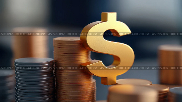 Golden dollar sign with stacks of coins symbolizes financial growth and prosperity, AI. Стоковое AI-изображение, AI-художник Сергей Старуш / Фотобанк Лори
