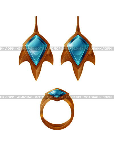 Golden earrings and ring set vector illustration female stylish accessories with blue stones, gold or platinum decoration for ears isolated on white. Golden Earrings and Ring Set Vector Illustration. Стоковая иллюстрация, агентство Ingram Publishing / Фотобанк Лори