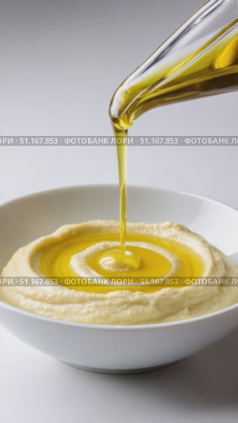 Golden extra virgin olive oil drizzling over creamy hummus, creating circular patterns inside white ceramic bowl with minimalist studio lighting. Стоковое AI-видео, аниматор Юрий Поздников / Фотобанк Лори