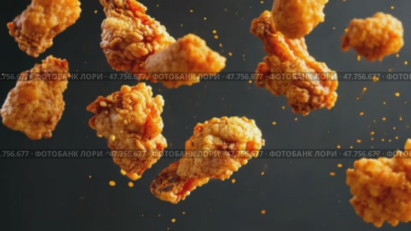 Golden Grilled chicken legs, drumsticks falling in the air, isolated on black background, food concept. Crispy fried chicken nuggets levitation. Roast chicken strips, pieces flying in the air. Dynamic. Стоковое AI-видео, аниматор Марина Демидюк / Фотобанк Лори