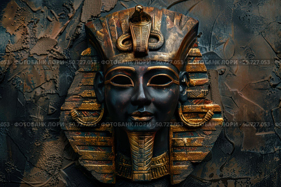 Golden mask of tutankhamun depicting the famous egyptian pharaoh. Стоковое AI-изображение, AI-художник Иван Рябоконь / Фотобанк Лори