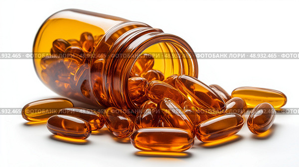 Golden omega-3 capsules spill from amber bottle on a clean white background. Золотые капсулы омега-3, высыпанные из янтарной бутылки, на чистом белом фоне. Стоковое AI-изображение, AI-художник Katsiaryna Repich / Фотобанк Лори