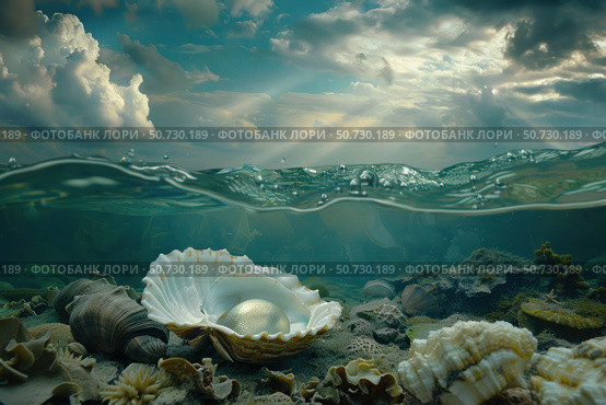 Golden pearl shining inside open shell underwater on seabed with sunlight rays piercing surface. Стоковое AI-изображение, AI-художник Иван Рябоконь / Фотобанк Лори