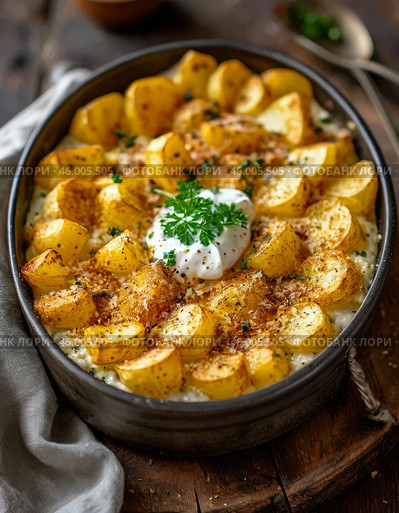 Golden potatoes baked in sour cream and breadcrumbs. Enjoy your meal! Стоковое AI-изображение, AI-художник Сергей Елизарьев / Фотобанк Лори