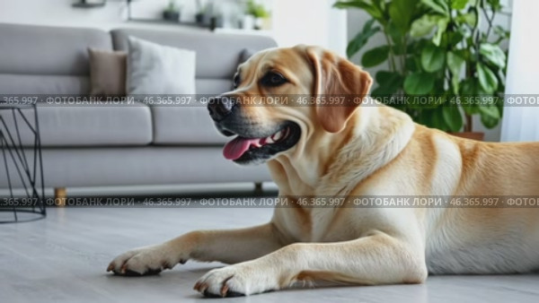 Golden retriever is lying on the floor at home. Best Friend. Portrait of healthy domestic animal on a carpet in living room. Adorable calm dog resting near sofa, free copy space. Happy Canine Concept. Стоковое AI-видео, аниматор Марина Демидюк / Фотобанк Лори