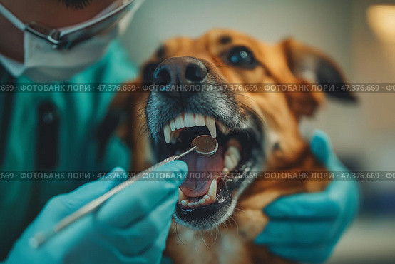 Golden retriever receiving dental care at veterinary clinic. Золотистый ретривер наслаждается чисткой зубов в ветеринарной клинике. Специалист тщательно чистит зубы собаки, обеспечивая комфорт и заботу во время приема. Стоковое AI-изображение, AI-художник Katsiaryna Repich / Фотобанк Лори